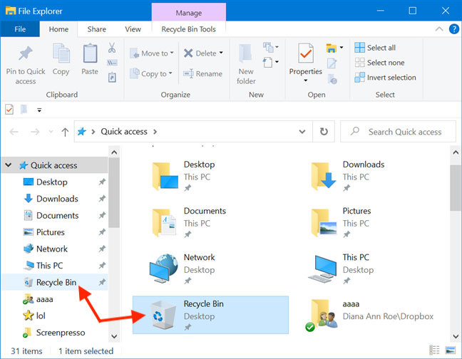 Mở Recycle Bin Windows 10 từ các shortcut Quick Access trong File Explorer