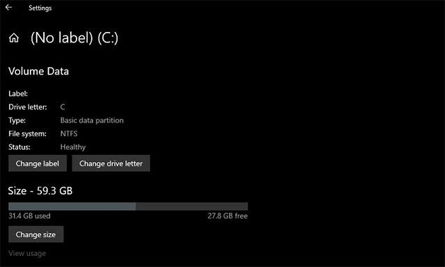 Vùng dung lượng 60GB trên ổ cứng đã được thu gọn
