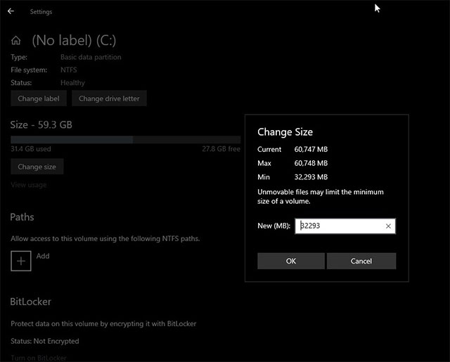 Kích thước hiện tại và tối thiểu của Volume 