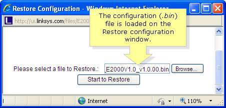 File cấu hình (.bin) sẽ được load trên cửa sổ Restore Configuration