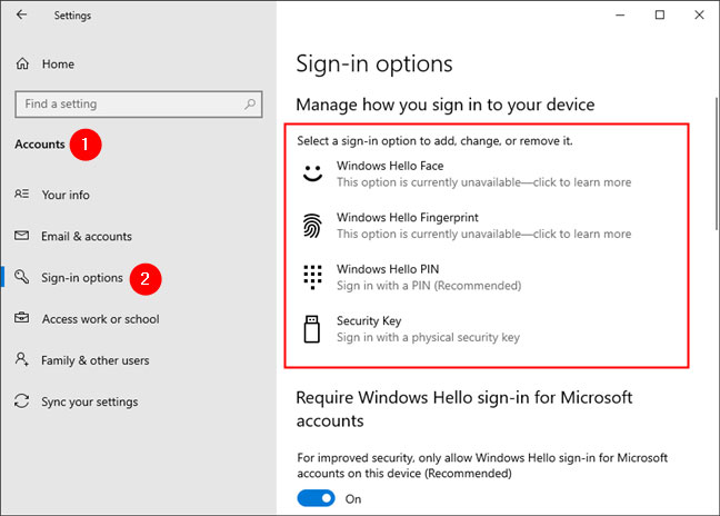 Windows 10 cho phép bạn chọn giữa việc sử dụng Windows Hello Face, Windows Hello Fingerprint, Windows Hello PIN và Security Key