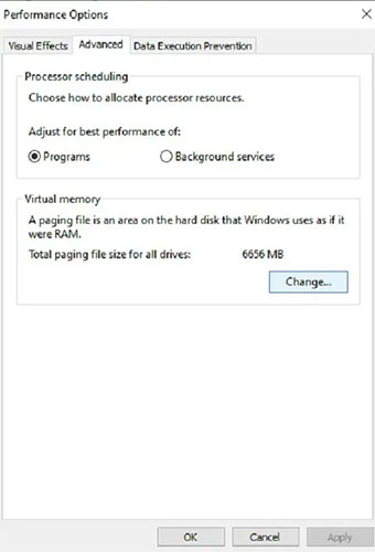 Nhấn Change trong Virtual Memory