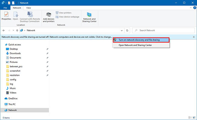 Chọn tùy chọn Turn on network discovery and file sharing