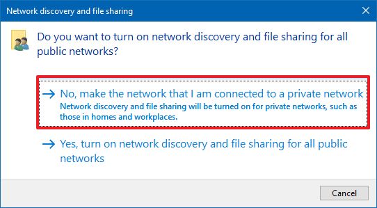 Nhấp vào tùy chọn No, make the network that I am connected to a private network