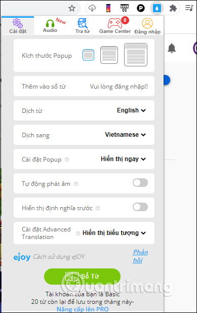 Chon ngôn ngữ dịch eJOY English
