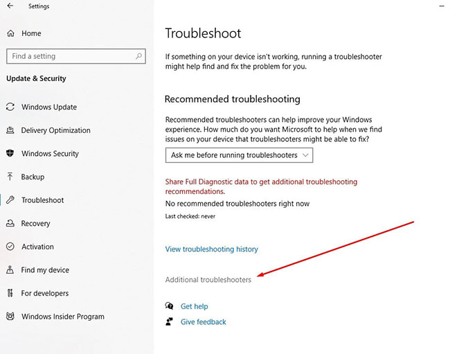 Nhấp vào liên kết Additional troubleshooter