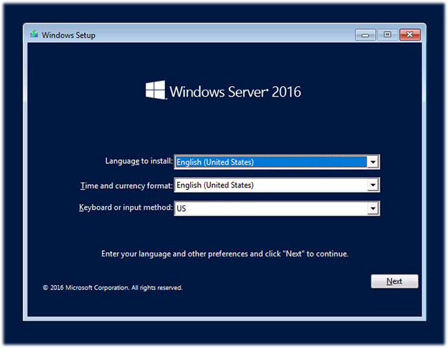 Màn hình cài đặt Windows Server 2016