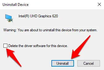 Bỏ chọn hộp Delete the driver software from this device