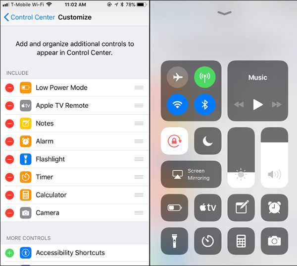Fixed and adjustable shortcuts in Control Center