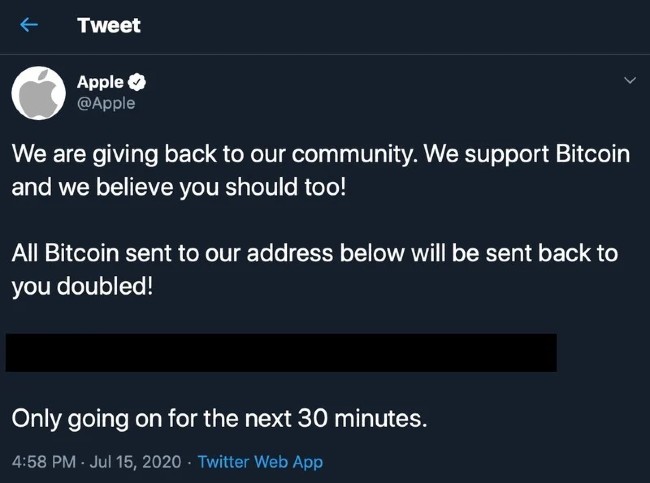 Tài khoản của Apple bị hacker dùng để đăng tải thông điệp lừa đảo bitcoin