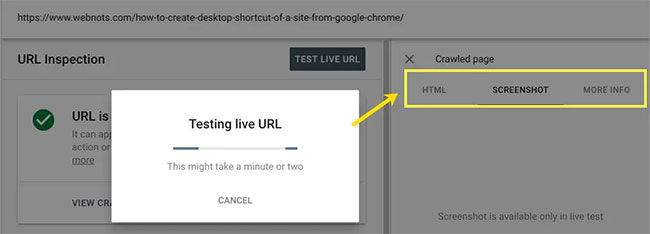 Nhấp vào nút Test Live URL đ��� tìm nạp nội dung trực tiếp và so sánh với nội dung đã được index