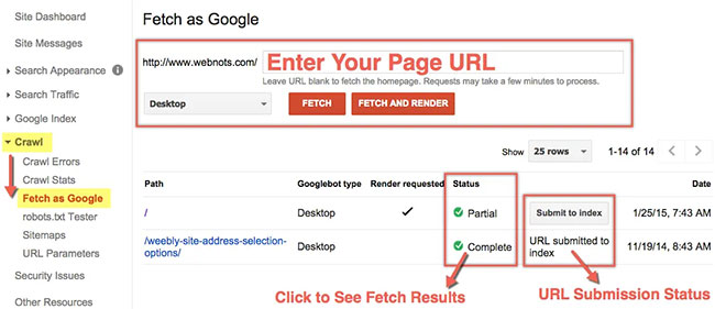 Điều hướng đến tùy chọn Fetch as Google dưới phần Crawl