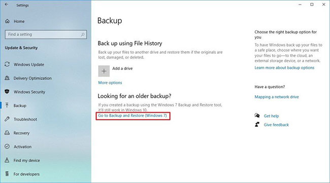Nhấp vào tùy chọn Go to Backup and Restore (Windows 7)