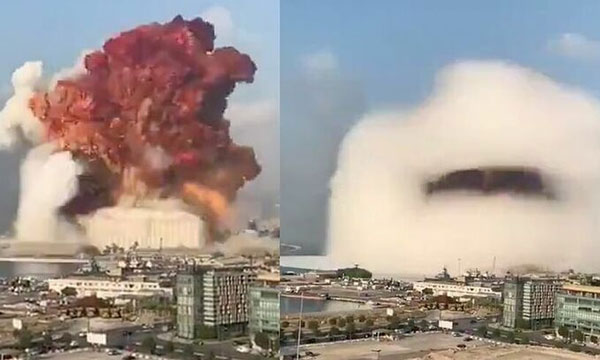Mây hình nấm xuất hiẹn sau vụ nổ ở Beirut, Lebanon, hôm 4/8. Ảnh: Twitter/Bissan Campaigns.