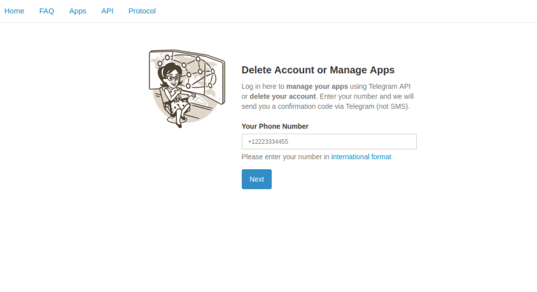 Giao diện trang my.telegram.org