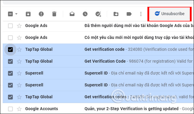 Chọn email hủy đăng ký