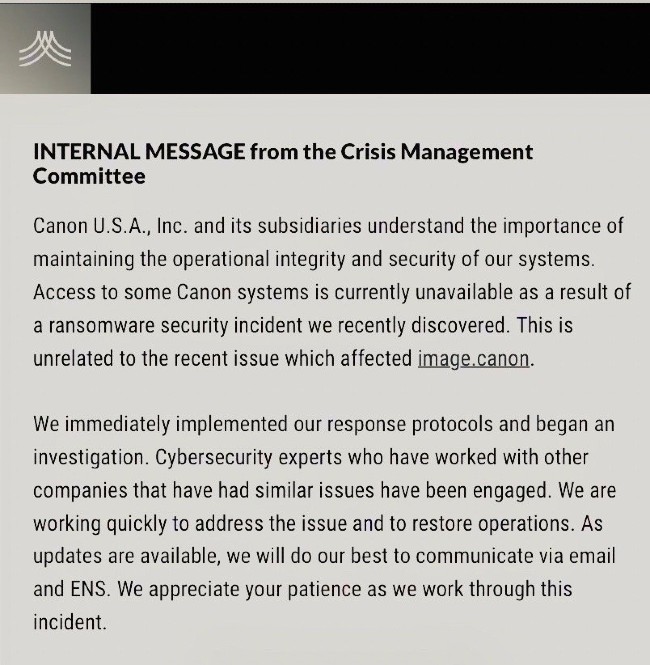 Thông báo nội bộ của Canon, xác nhận bị ransomware tấn công