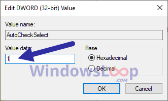 Nhập 1 vào trường Value Data và nhấp vào OK