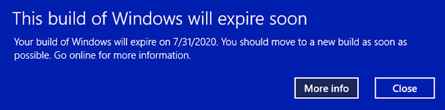 Lỗi “This build of Windows 10 will expire soon”