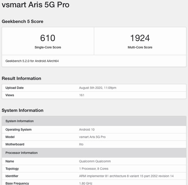 Điểm số của "Vsmart Aris 5G Pro" trên Geekbench.