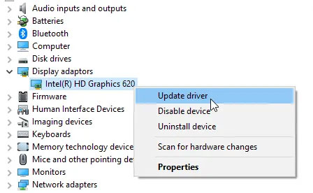 Nhấp chuột phải vào driver đồ họa và chọn Update driver