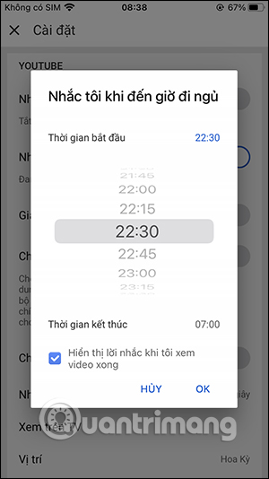 Chọn thời gian nhắc thông báo