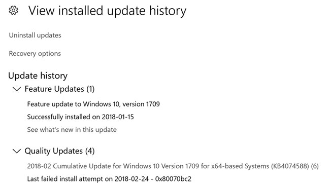 The Windows Update installation history page shows the following error in the specific update (s)
