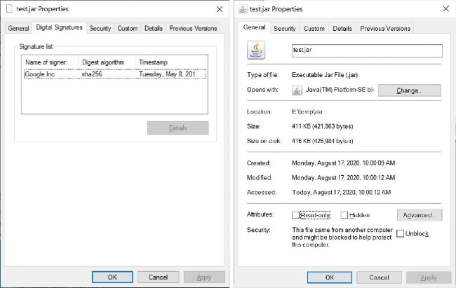 So sánh thuộc tính của tập tin trước và sau khi Microsoft cập nhật bản vá