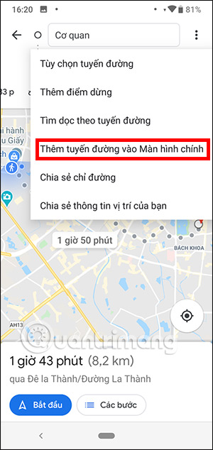 Thêm tuyến đường vào màn hình chính