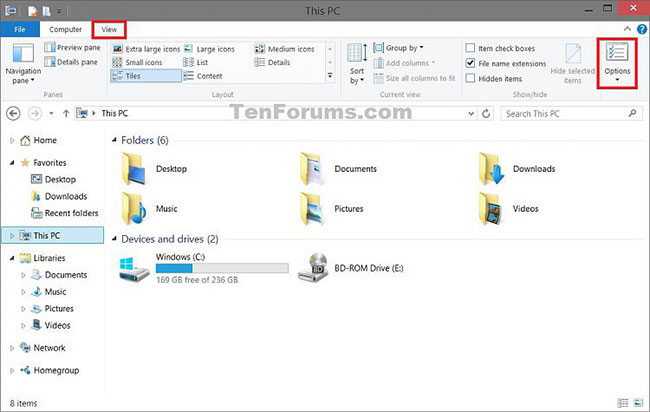Mở Folder Options trong ribbon File Explorer