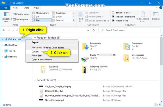 Mở Folder Options từ Quick Access trong File Explorer