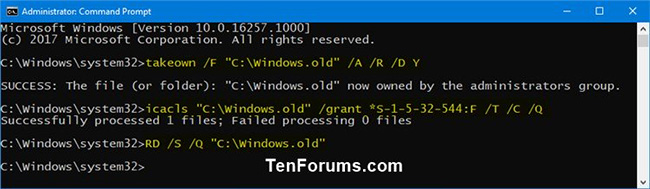 Xóa thư mục Windows.old trong Command Prompt với quyền admin
