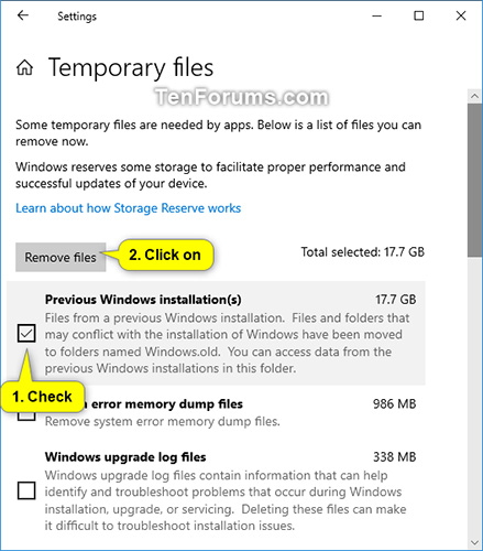 Chọn hộp Delete previous versions of Windows ở dưới cùng