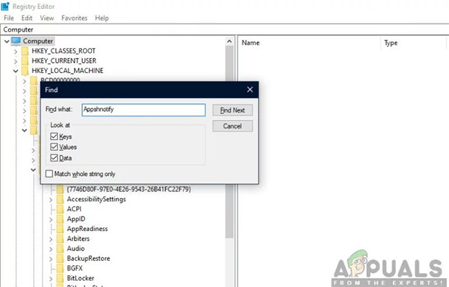Tìm kiếm bất kỳ mục nhập nào của Appshnotify hoặc Microsoft Application Virtualization
