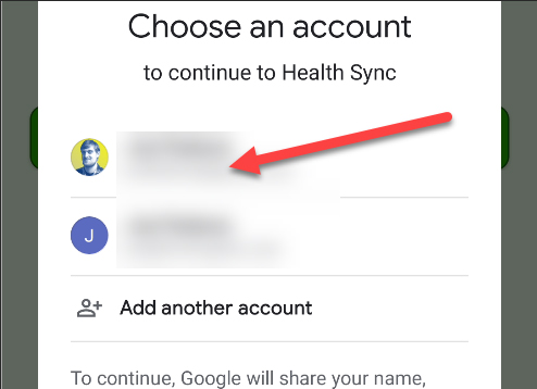 Chọn tài khoản Google Fit