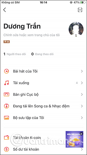 Giao diện thiết lập tài khoản