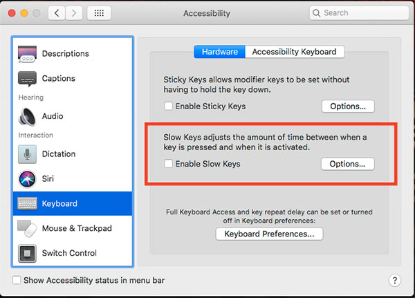 Bỏ lựa chọn Enable Slow Keys