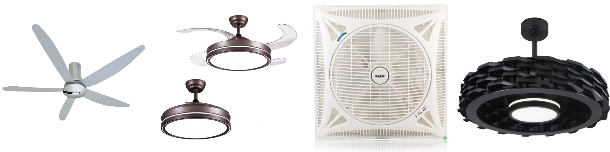 Các loại quạt trần thông dụng hiện nay (thứ tự từ trái sang): Quạt trần truyền thống - Quạt trần tự thu cánh - Quạt trần hộp - Quạt trần không cánh.