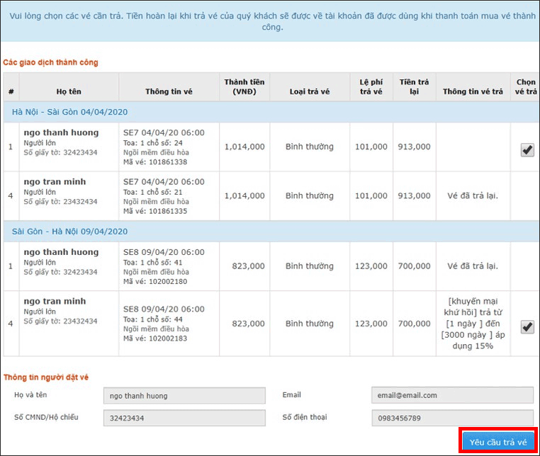 Chọn vé cần trả