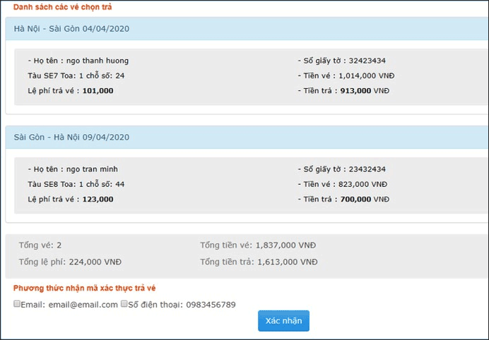 Thông tin xác nhận