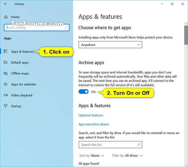Bật hoặc tắt tính năng Archive Apps trong Settings