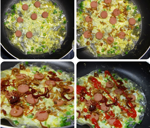 Cho các nguyên liệu vào mặt bánh tráng