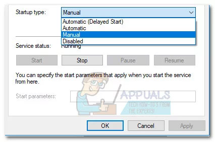 Sử dụng menu drop-down bên cạnh Startup Type để đặt hành vi thành Manual và nhấn Apply