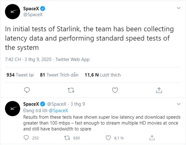 Thông tin đăng tải trên Twitter chính thức của SpaceX