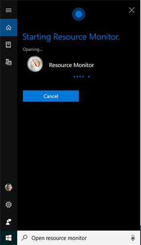 Mở Resource Monitor bằng Cortana