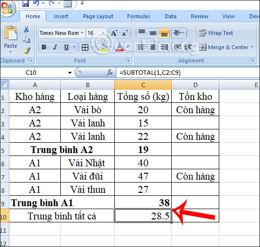 Cách dùng hàm SUBTOTAL trong Excel - Ảnh minh hoạ 9
