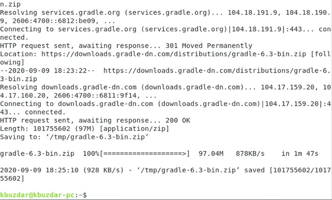 Gradle được tải xuống thành công trên hệ thống Debian 10