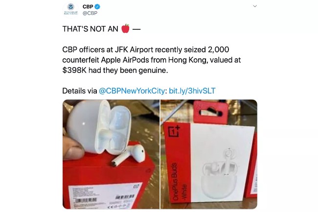 CBP Mỹ phấn khởi khoe vừa bắt được 2.000 chiếc AirPods nhái nhưng rõ ràng đây là OnePlus Buds