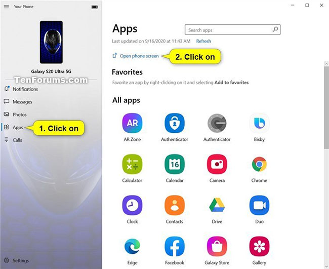 Nhấn vào liên kết Open phone screen trong Apps
