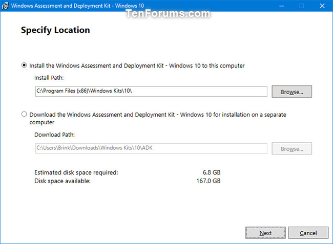 Chọn nơi bạn muốn cài đặt Windows Assessment and Deployment Kit